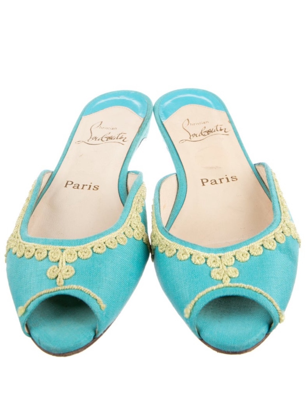 Christian Louboutin Vintage Turquoise Open-Toe Embroidered Mules